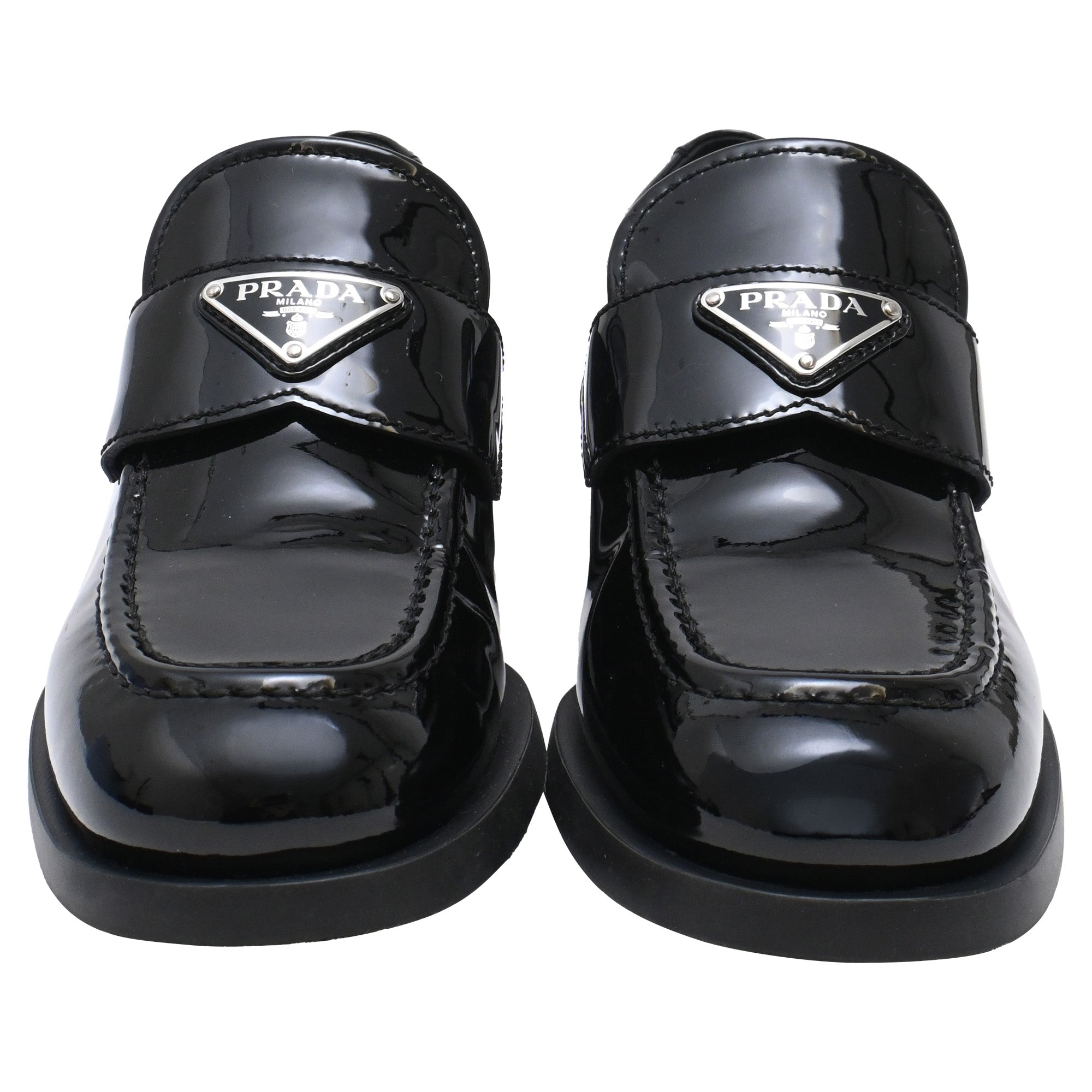 Women's Prada Triangle Logo Loafers in Black Patent Leather