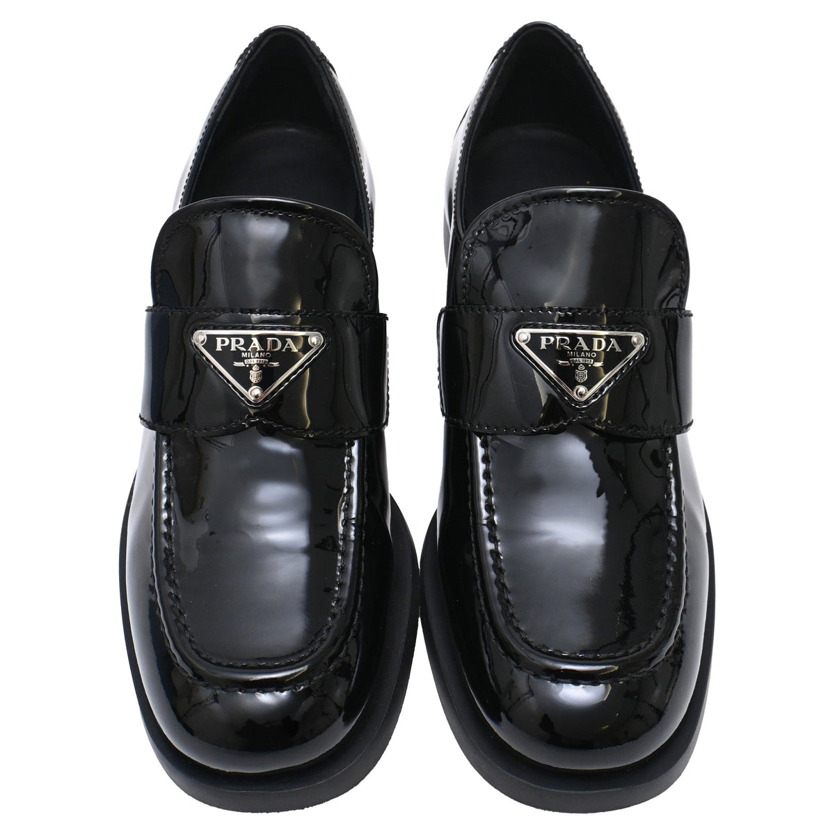 Women's Prada Triangle Logo Loafers in Black Patent Leather