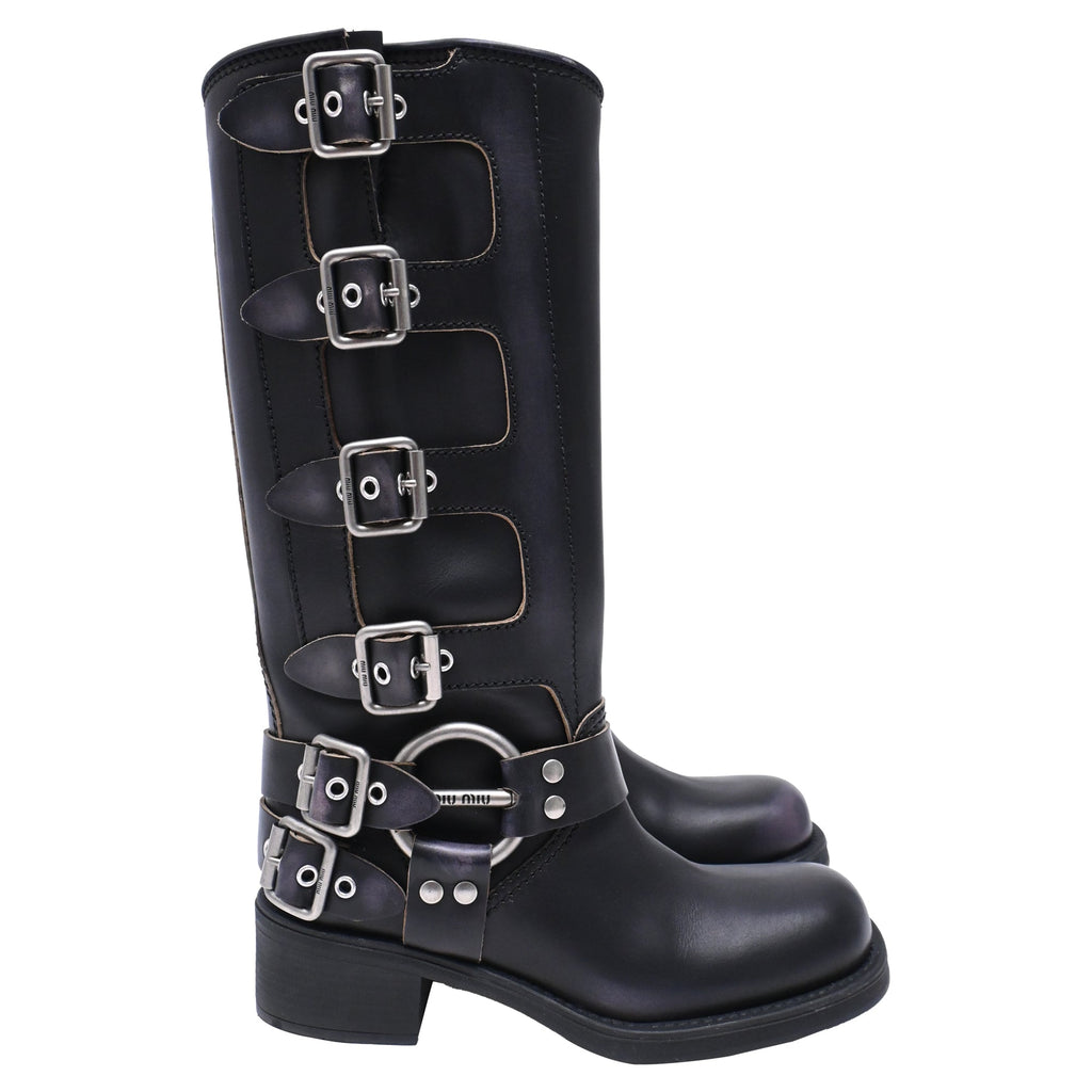 Women's Miu Miu Buckle Strap Biker Boots in Black Leather
