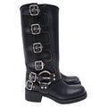 Women's Miu Miu Buckle Strap Biker Boots in Black Leather