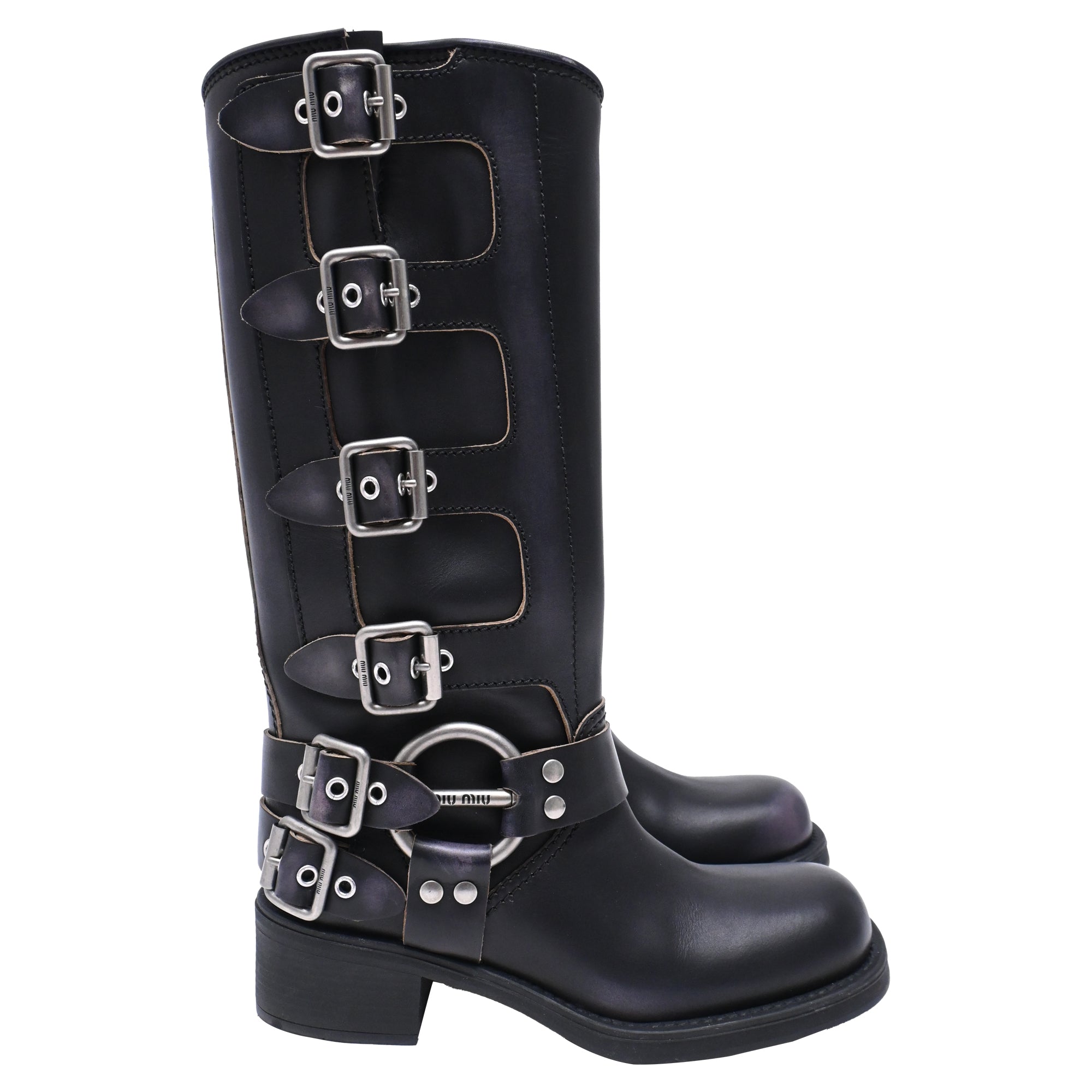 Women's Miu Miu Buckle Strap Biker Boots in Black Leather