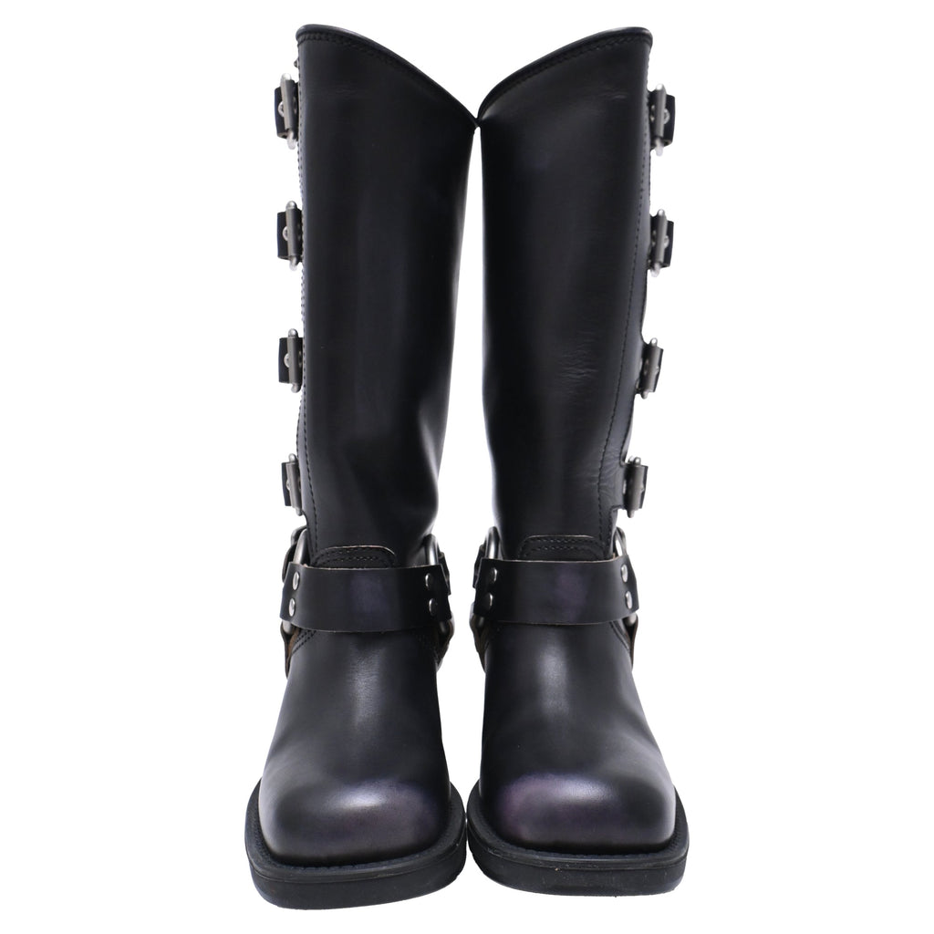 Women's Miu Miu Buckle Strap Biker Boots in Black Leather