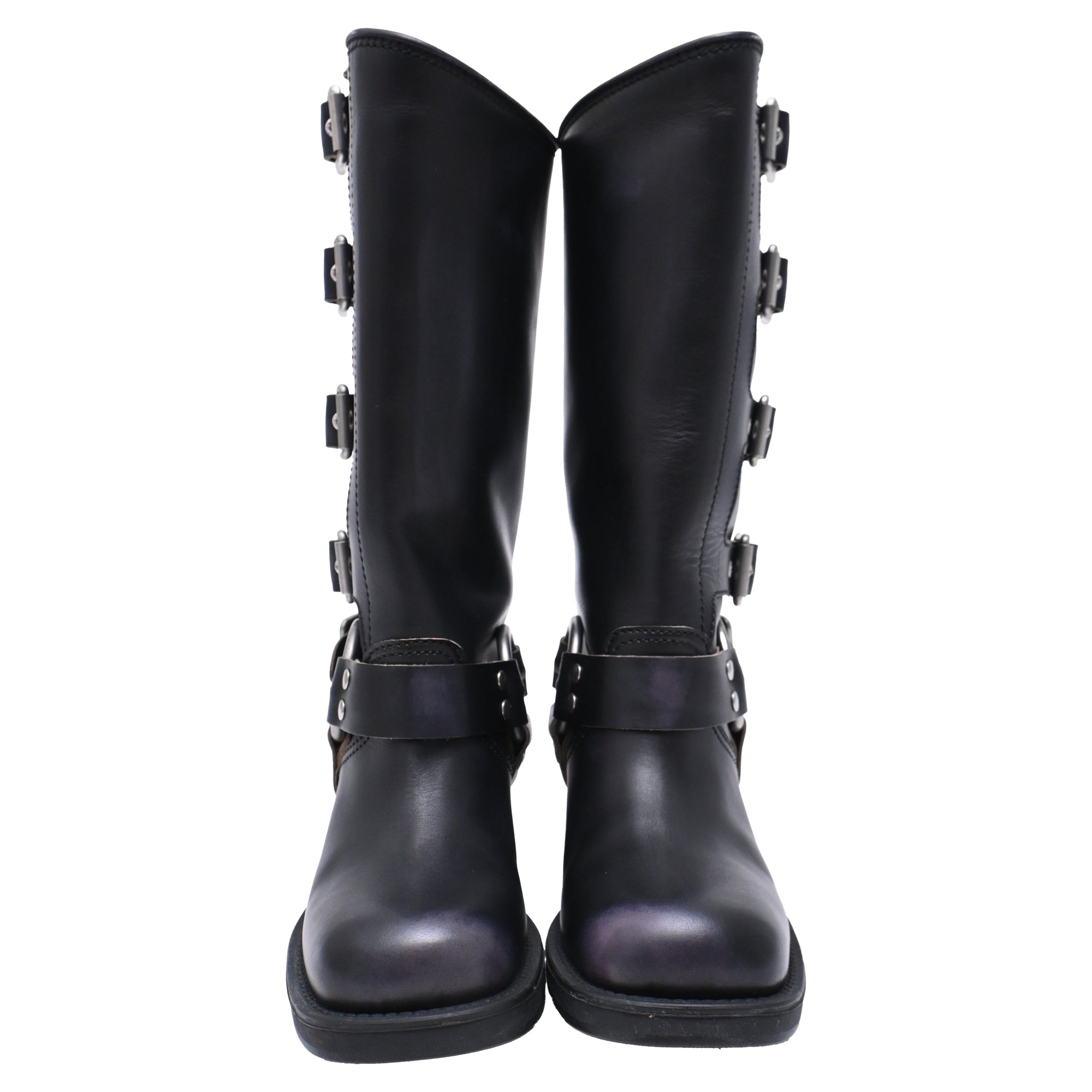 Women's Miu Miu Buckle Strap Biker Boots in Black Leather