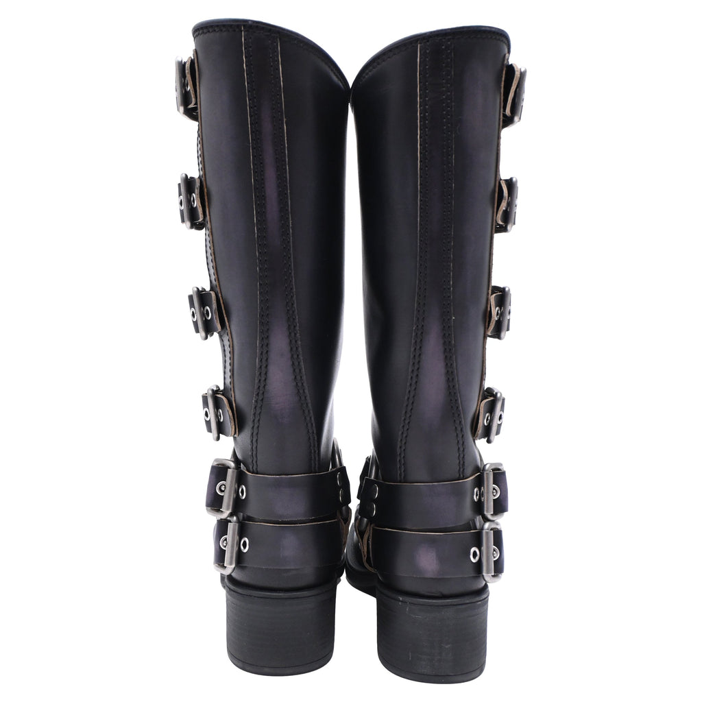 Women's Miu Miu Buckle Strap Biker Boots in Black Leather