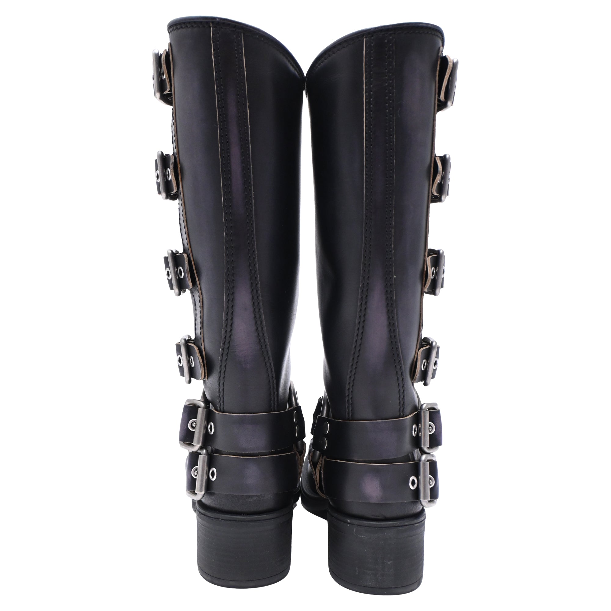 Women's Miu Miu Buckle Strap Biker Boots in Black Leather