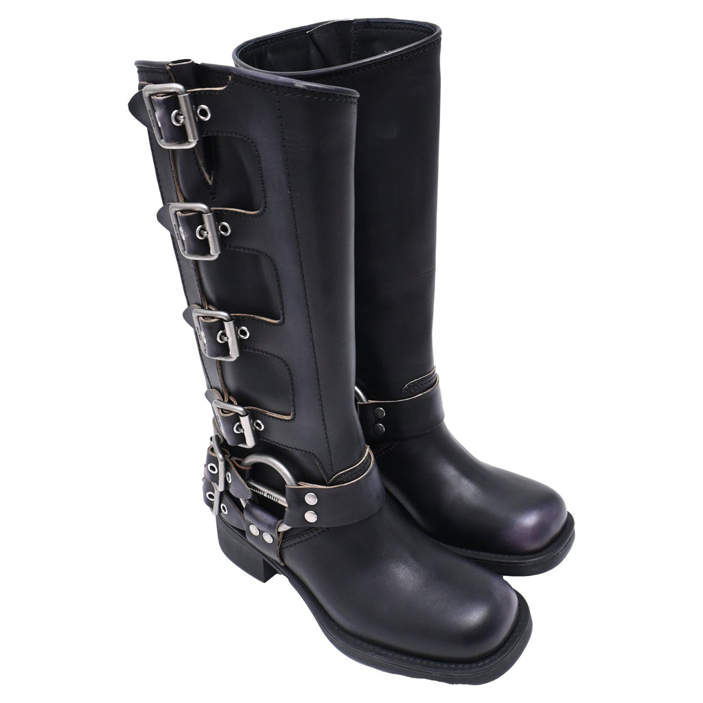Women's Miu Miu Buckle Strap Biker Boots in Black Leather