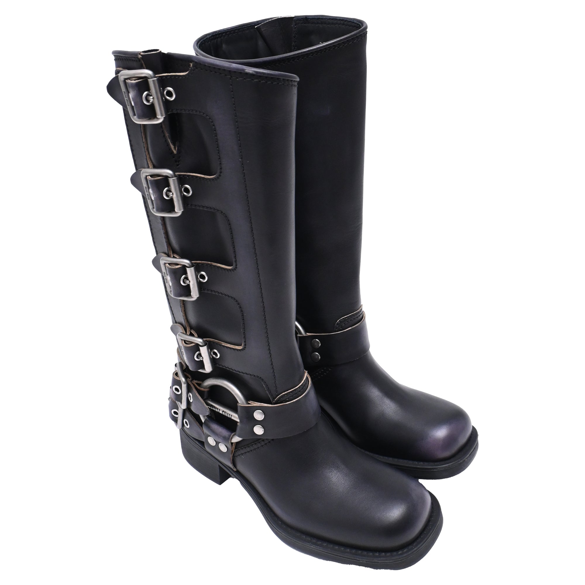 Women's Miu Miu Buckle Strap Biker Boots in Black Leather