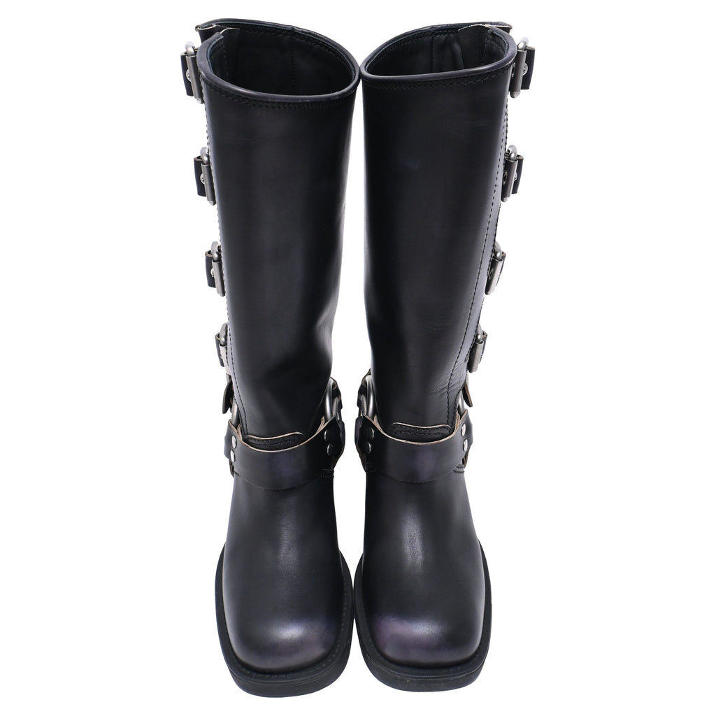Women's Miu Miu Buckle Strap Biker Boots in Black Leather