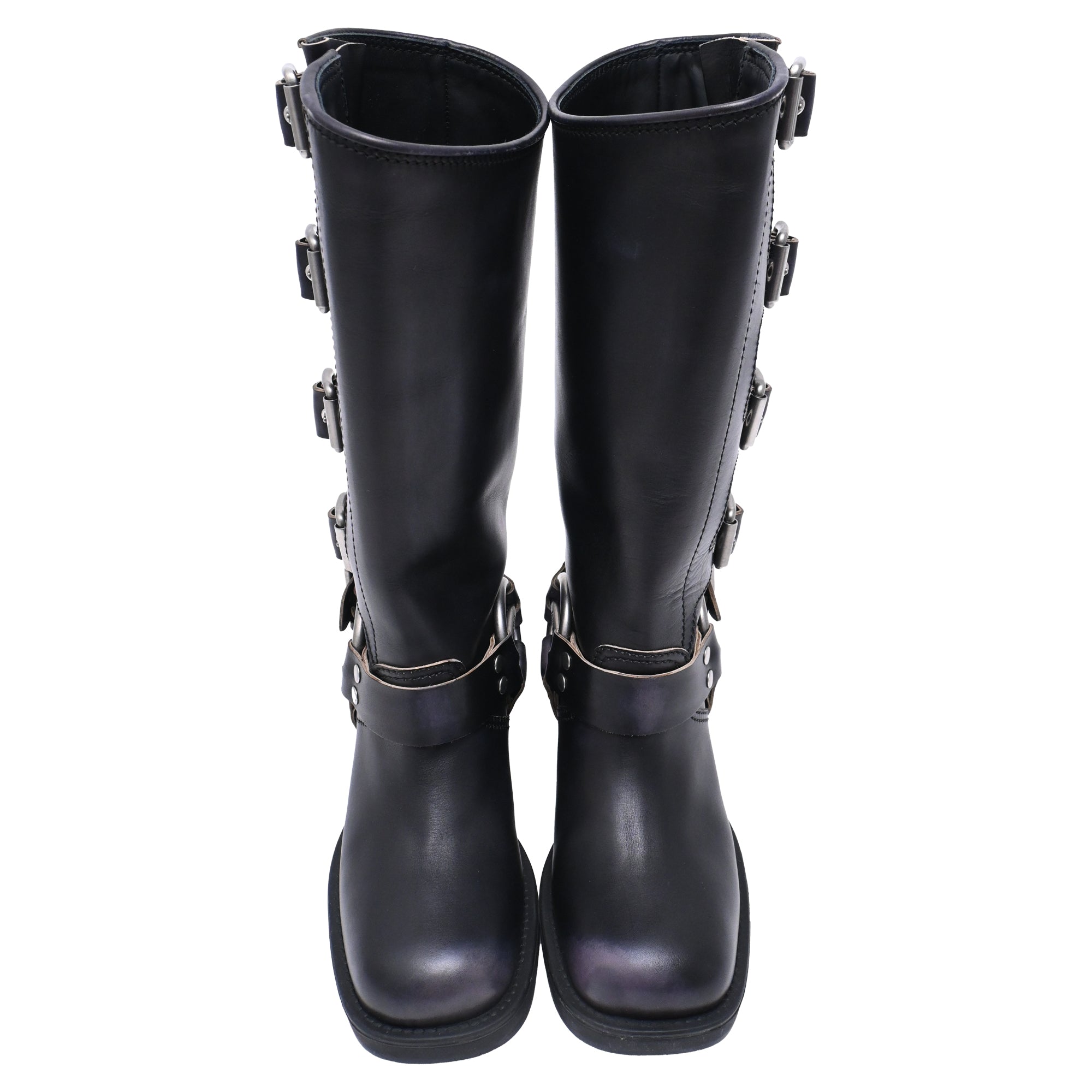 Women's Miu Miu Buckle Strap Biker Boots in Black Leather