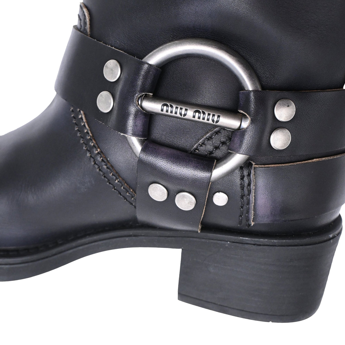 Women's Miu Miu Buckle Strap Biker Boots in Black Leather