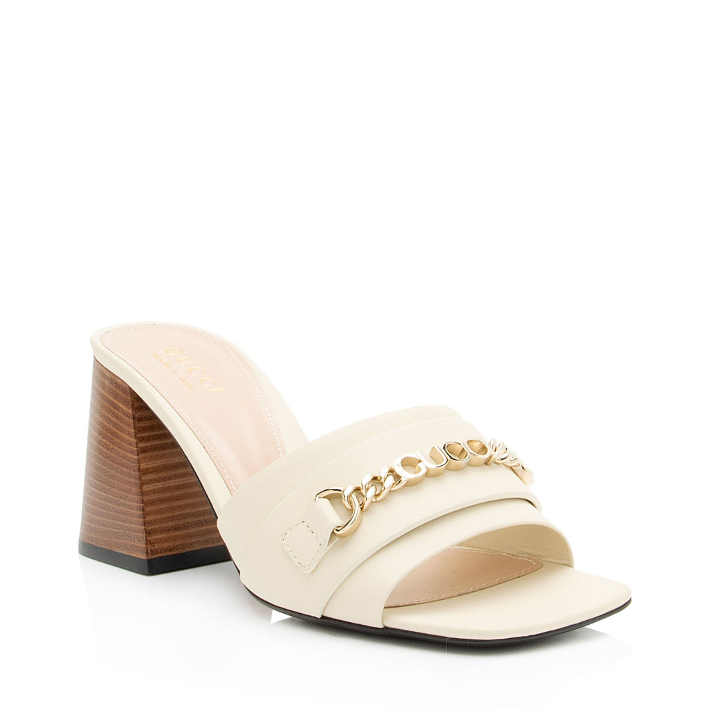 Women's Gucci Leather Chain Logo Signoria Slide Sandals - Size 6.5 / 36.5