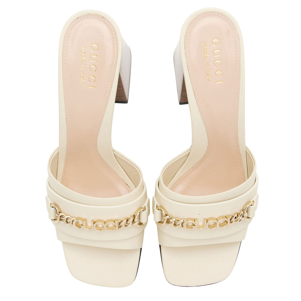 Women's Gucci Leather Chain Logo Signoria Slide Sandals - Size 6.5 / 36.5