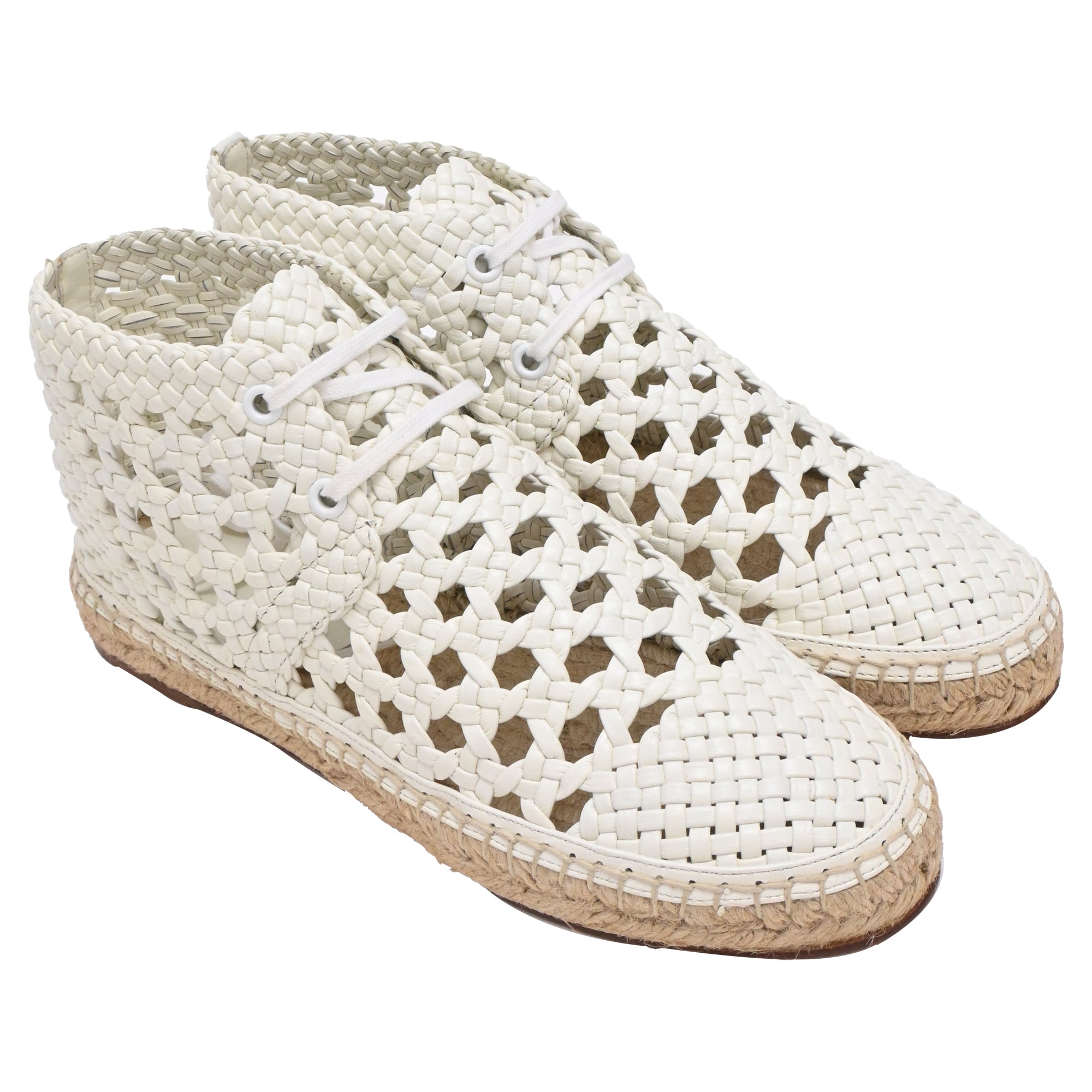 Women's Celine Woven Lace-Up Espadrille Ankle Boots in White Leather