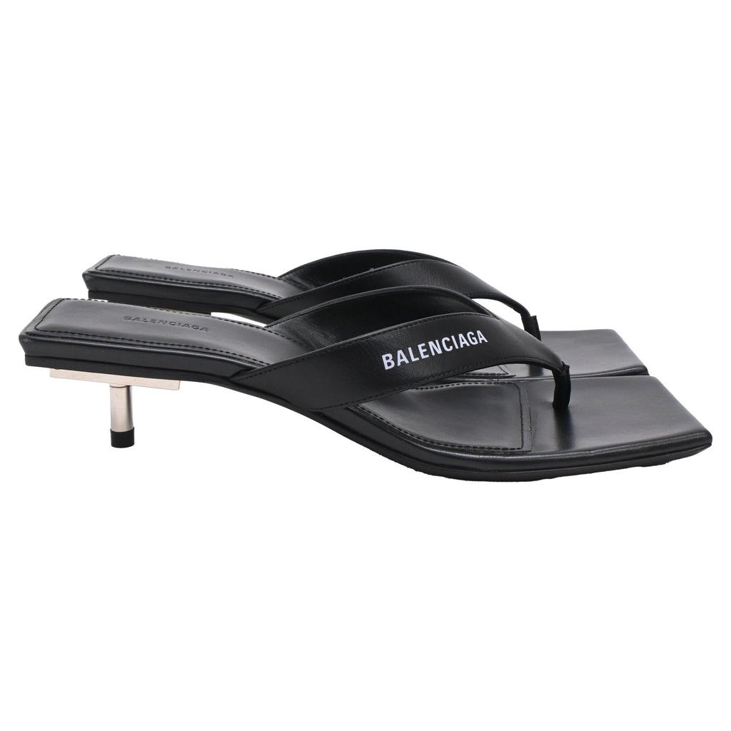 Women's  Balenciaga Square-Toe Kitten-Heel Thong Sandals in Black Leather