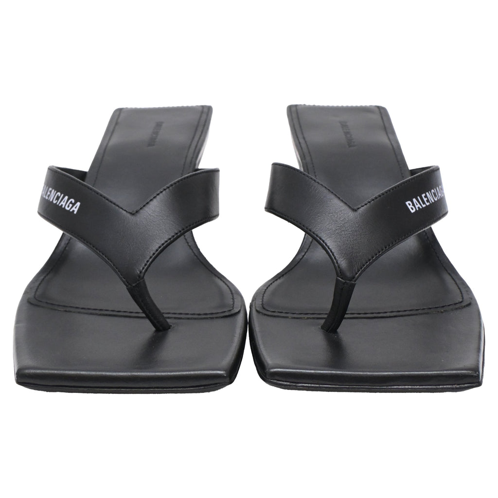 Women's  Balenciaga Square-Toe Kitten-Heel Thong Sandals in Black Leather