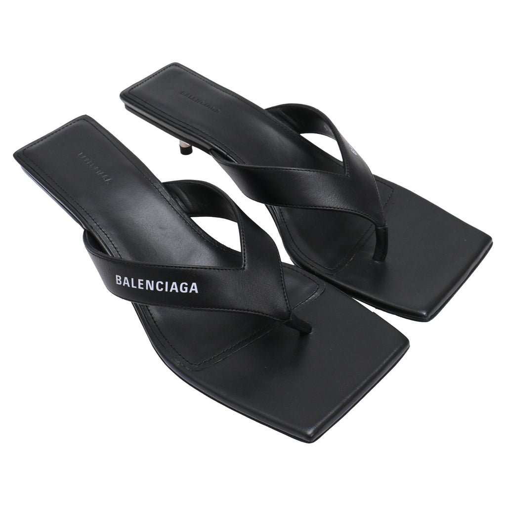 Women's  Balenciaga Square-Toe Kitten-Heel Thong Sandals in Black Leather