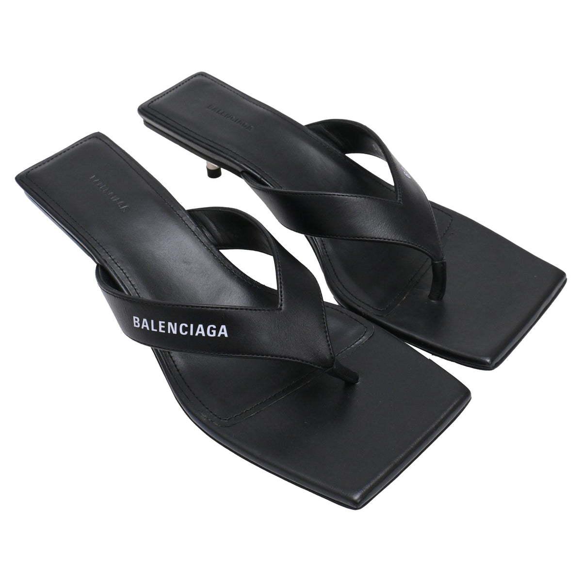 Women's  Balenciaga Square-Toe Kitten-Heel Thong Sandals in Black Leather