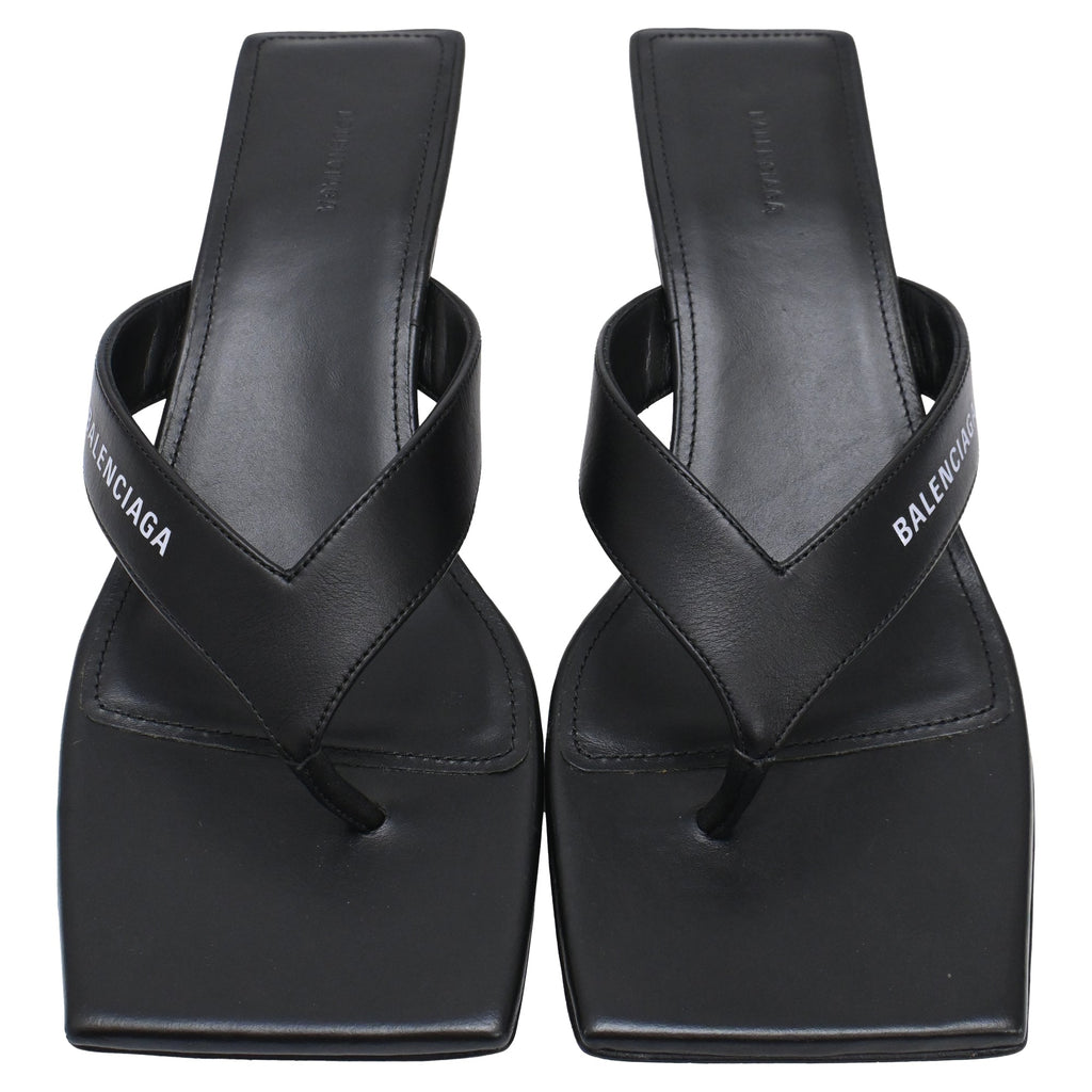 Women's  Balenciaga Square-Toe Kitten-Heel Thong Sandals in Black Leather