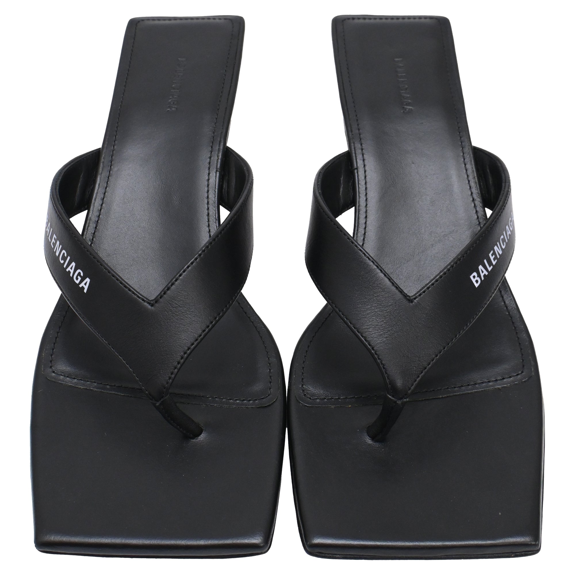 Women's  Balenciaga Square-Toe Kitten-Heel Thong Sandals in Black Leather