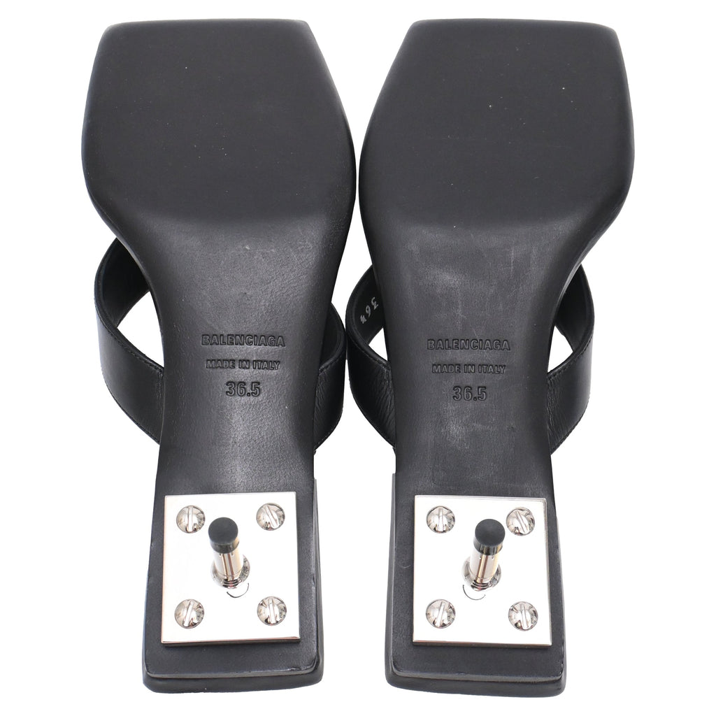Women's  Balenciaga Square-Toe Kitten-Heel Thong Sandals in Black Leather