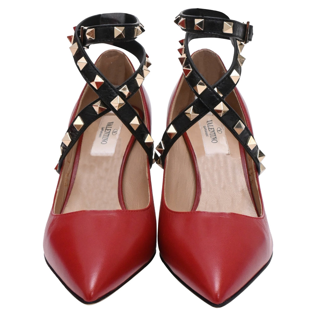Women's Valentino Garavani Rockstud Ankle Wrap Pumps in Burgundy Leather