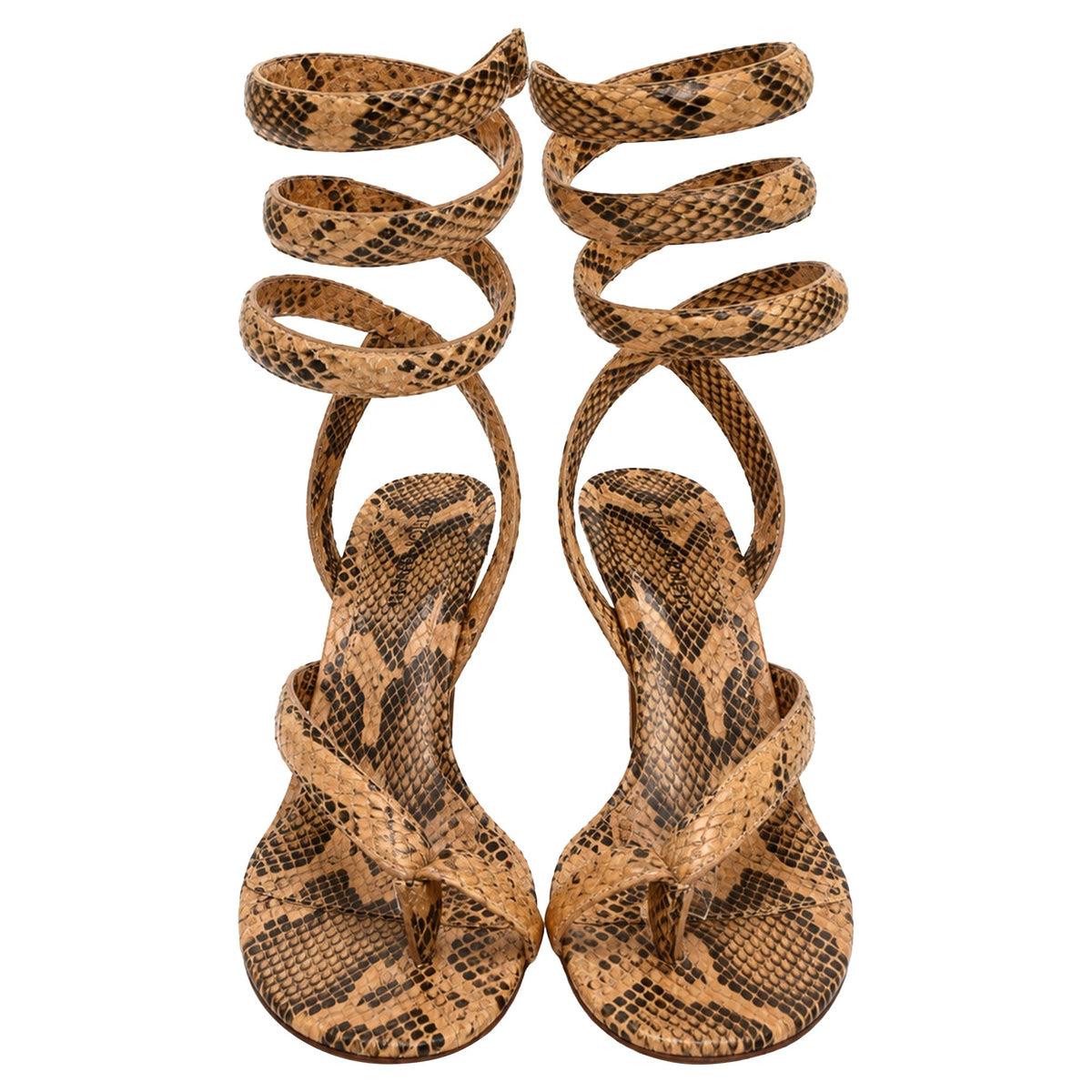 Women's  Bottega Veneta Snakeskin-Effect Wrap Around Sandal Heels in Brown Leather