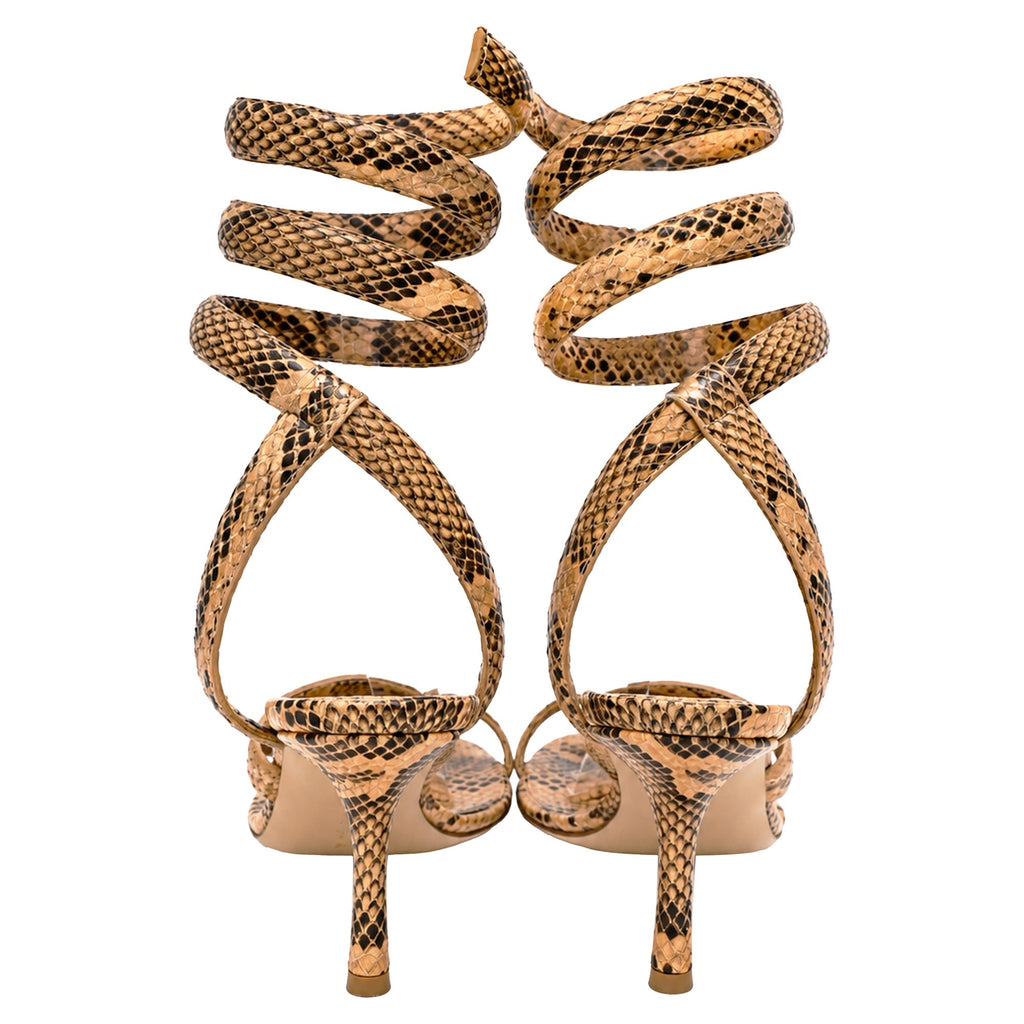 Women's  Bottega Veneta Snakeskin-Effect Wrap Around Sandal Heels in Brown Leather