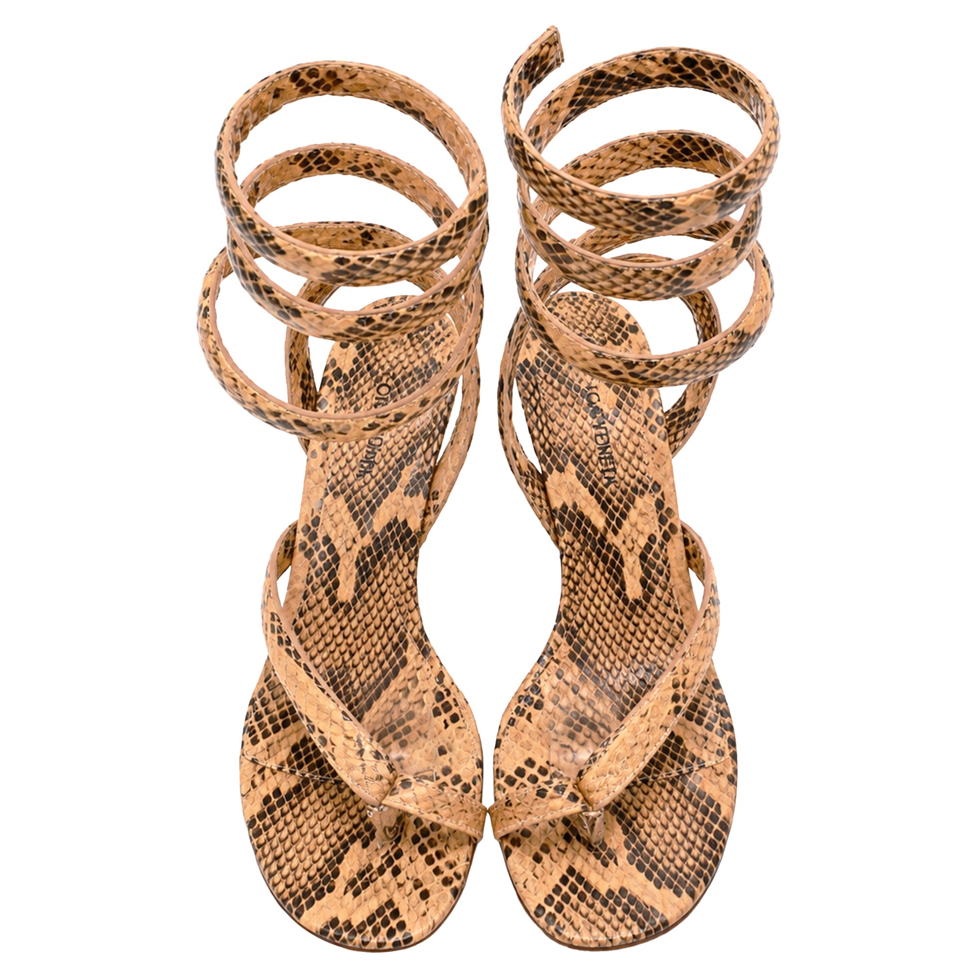 Women's  Bottega Veneta Snakeskin-Effect Wrap Around Sandal Heels in Brown Leather