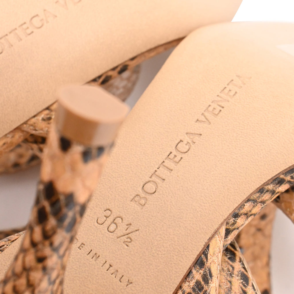 Women's  Bottega Veneta Snakeskin-Effect Wrap Around Sandal Heels in Brown Leather