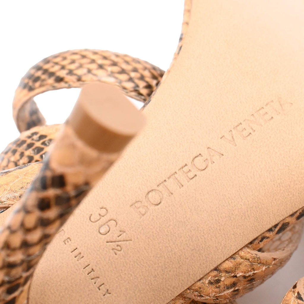 Women's  Bottega Veneta Snakeskin-Effect Wrap Around Sandal Heels in Brown Leather