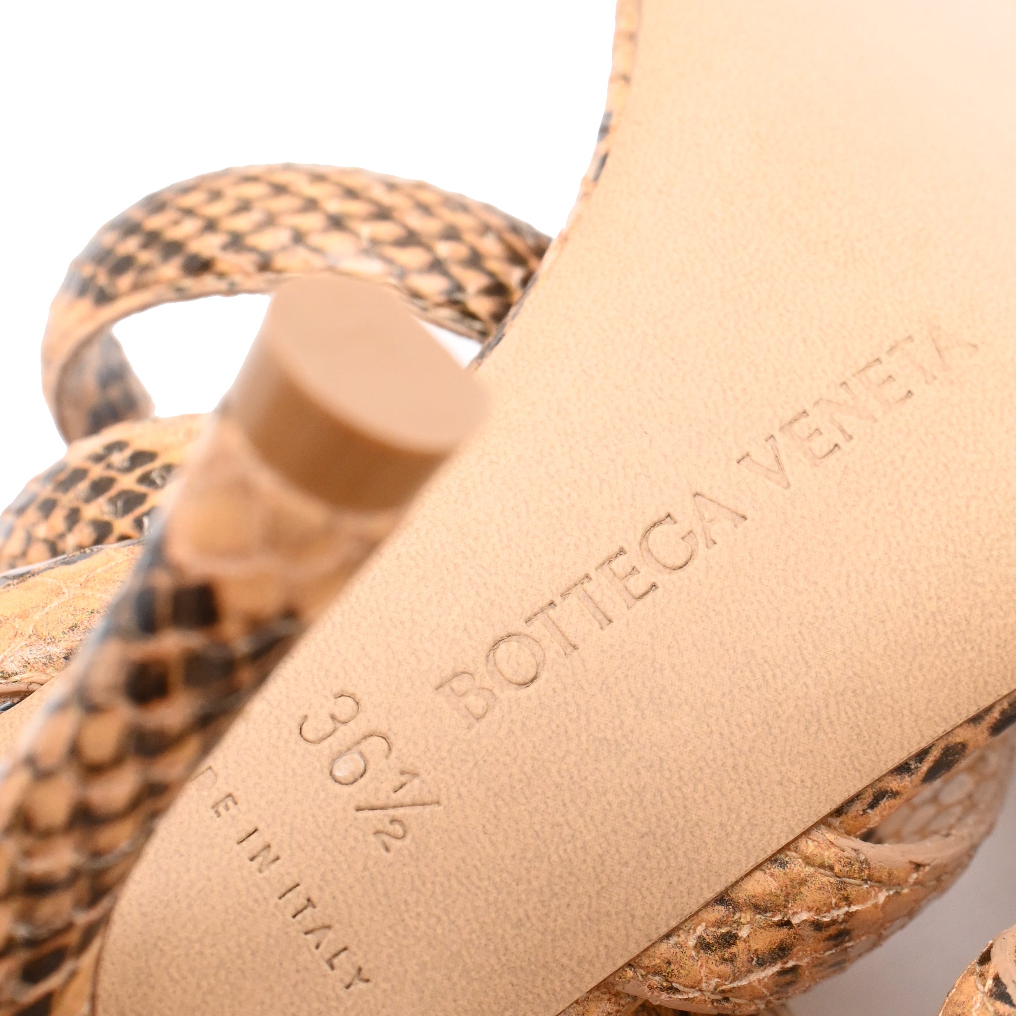Women's  Bottega Veneta Snakeskin-Effect Wrap Around Sandal Heels in Brown Leather
