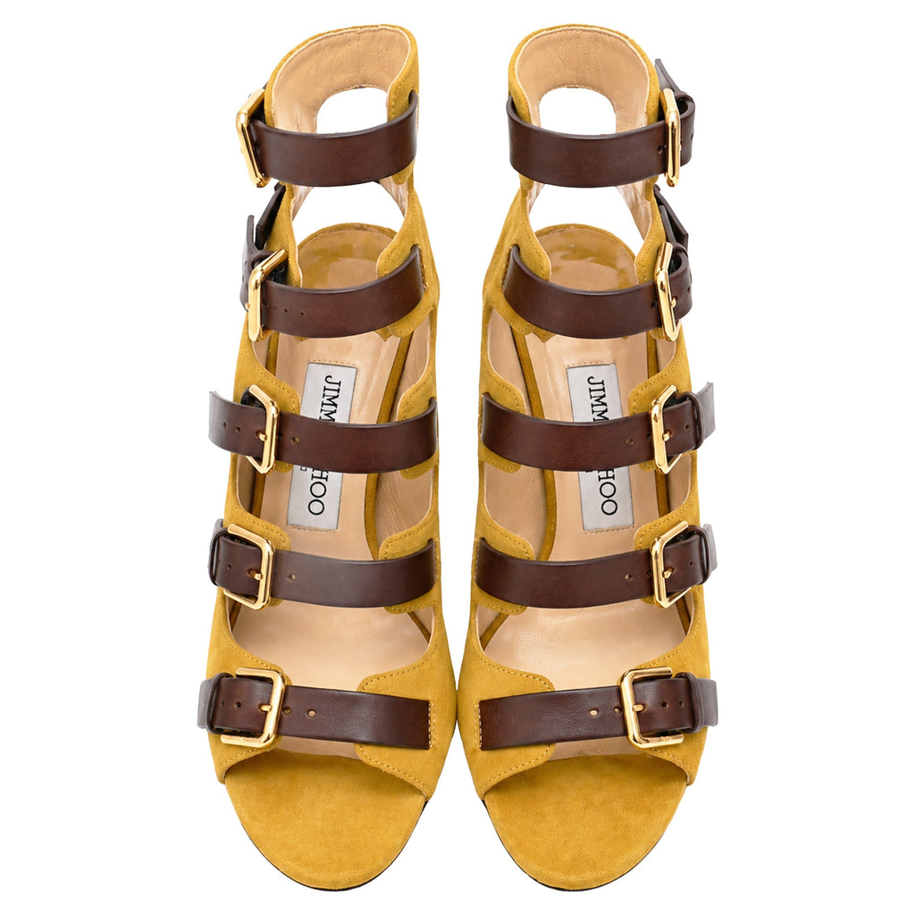 Women's Jimmy Choo Trick 110 Buckled Sandal Heels in Yellow Suede