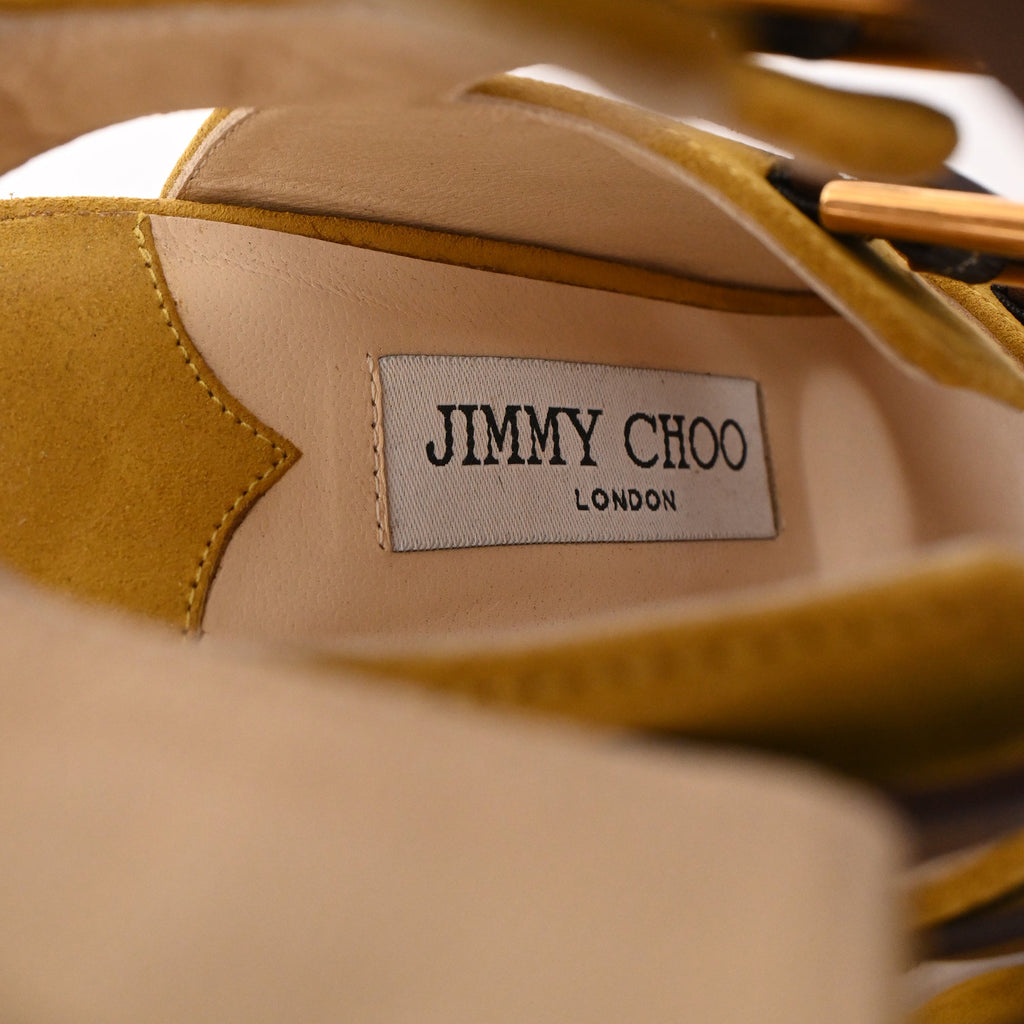Women's Jimmy Choo Trick 110 Buckled Sandal Heels in Yellow Suede