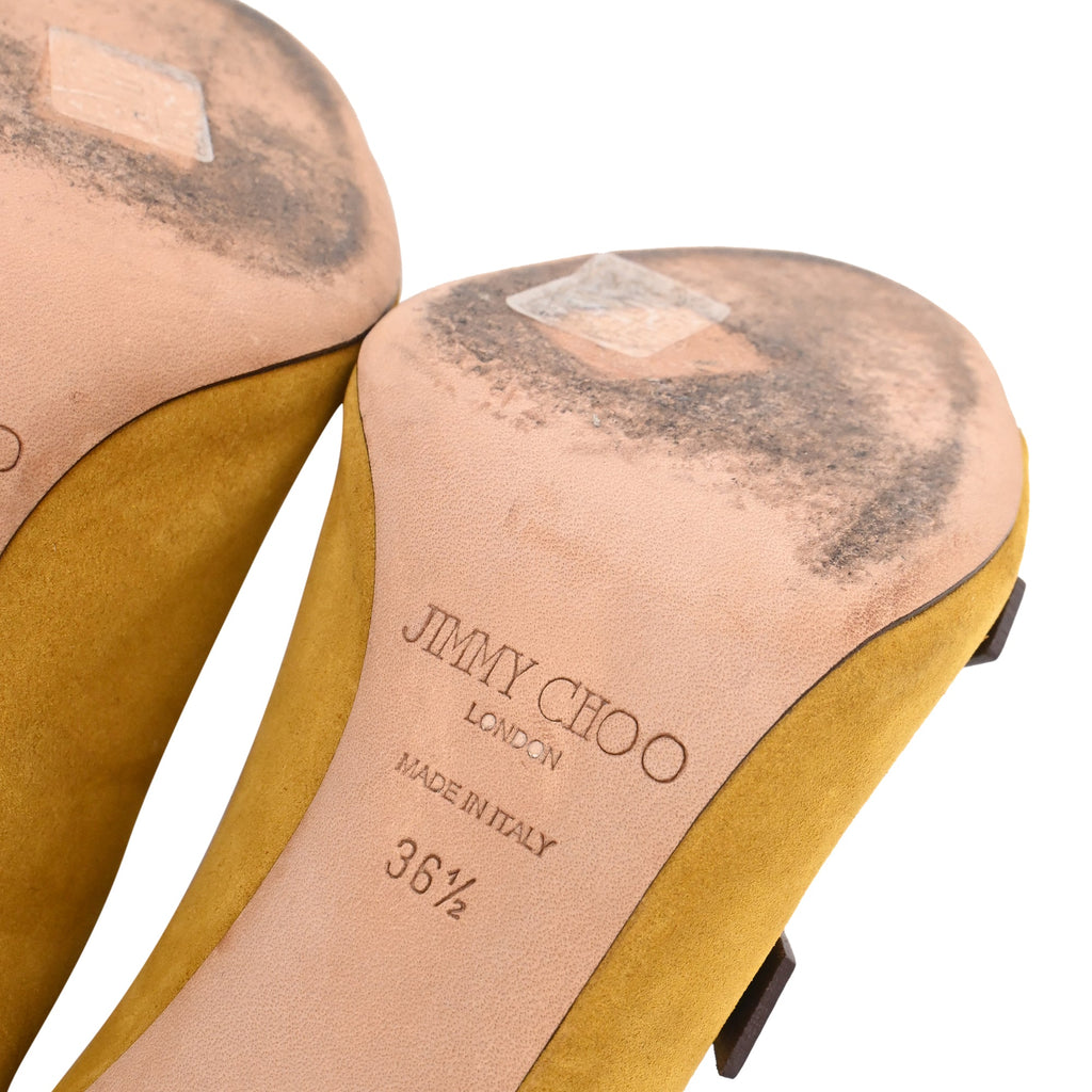 Women's Jimmy Choo Trick 110 Buckled Sandal Heels in Yellow Suede