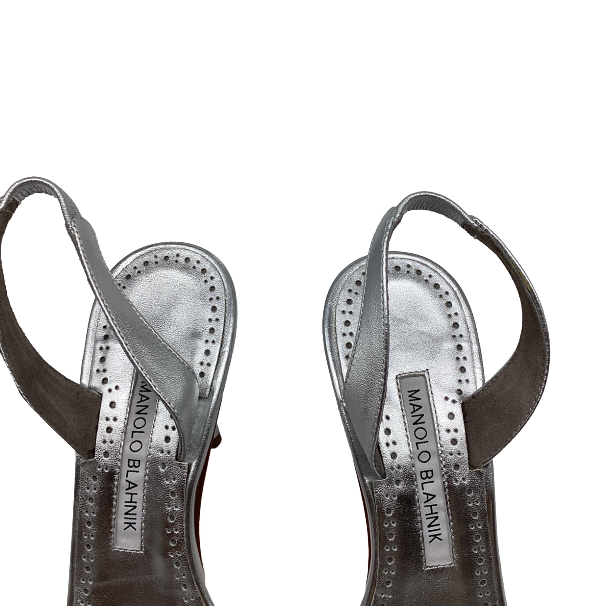 Women's Manolo Blahnik Sareta Slingback Sandal Heels in Silver Leather