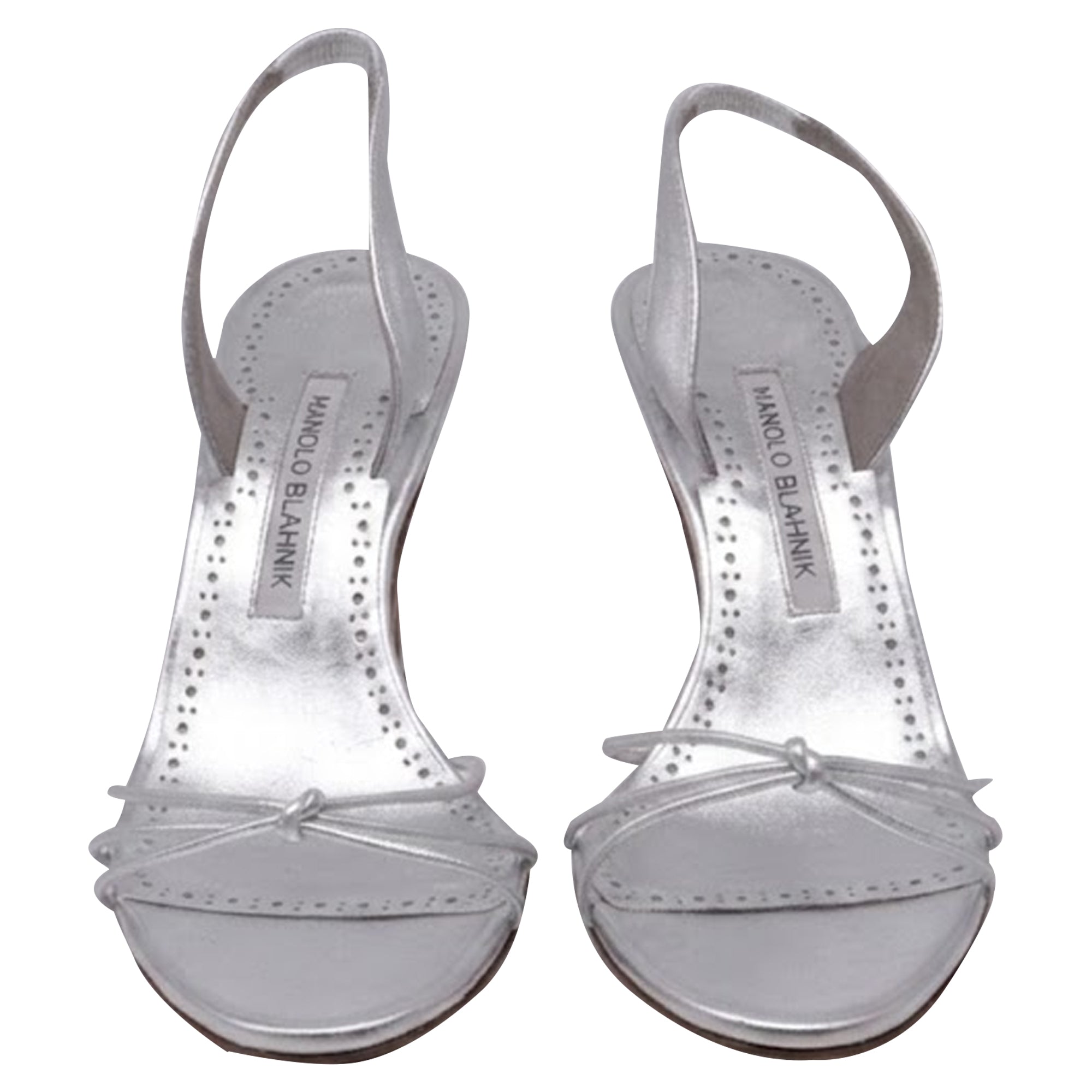 Women's Manolo Blahnik Sareta Slingback Sandal Heels in Silver Leather