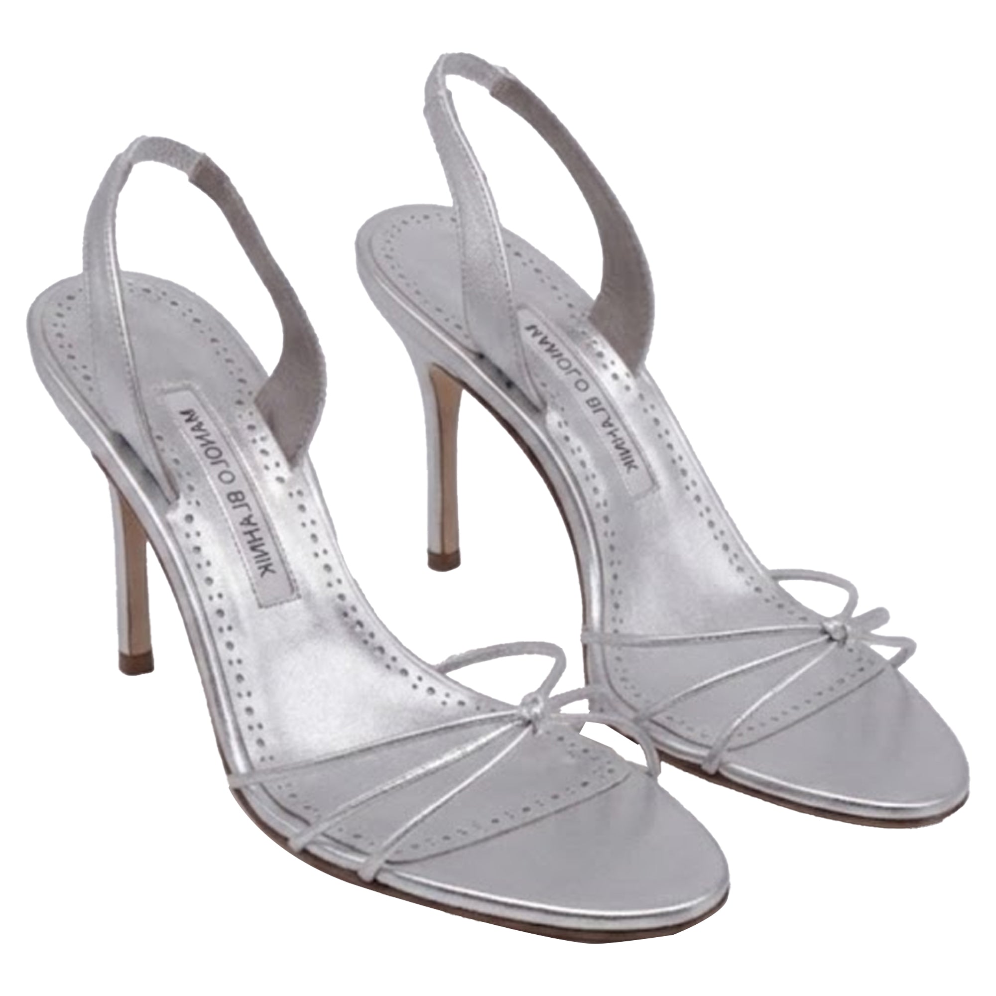 Women's Manolo Blahnik Sareta Slingback Sandal Heels in Silver Leather