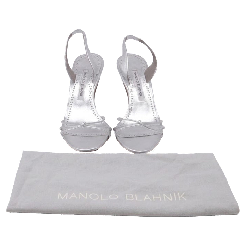 Women's Manolo Blahnik Sareta Slingback Sandal Heels in Silver Leather
