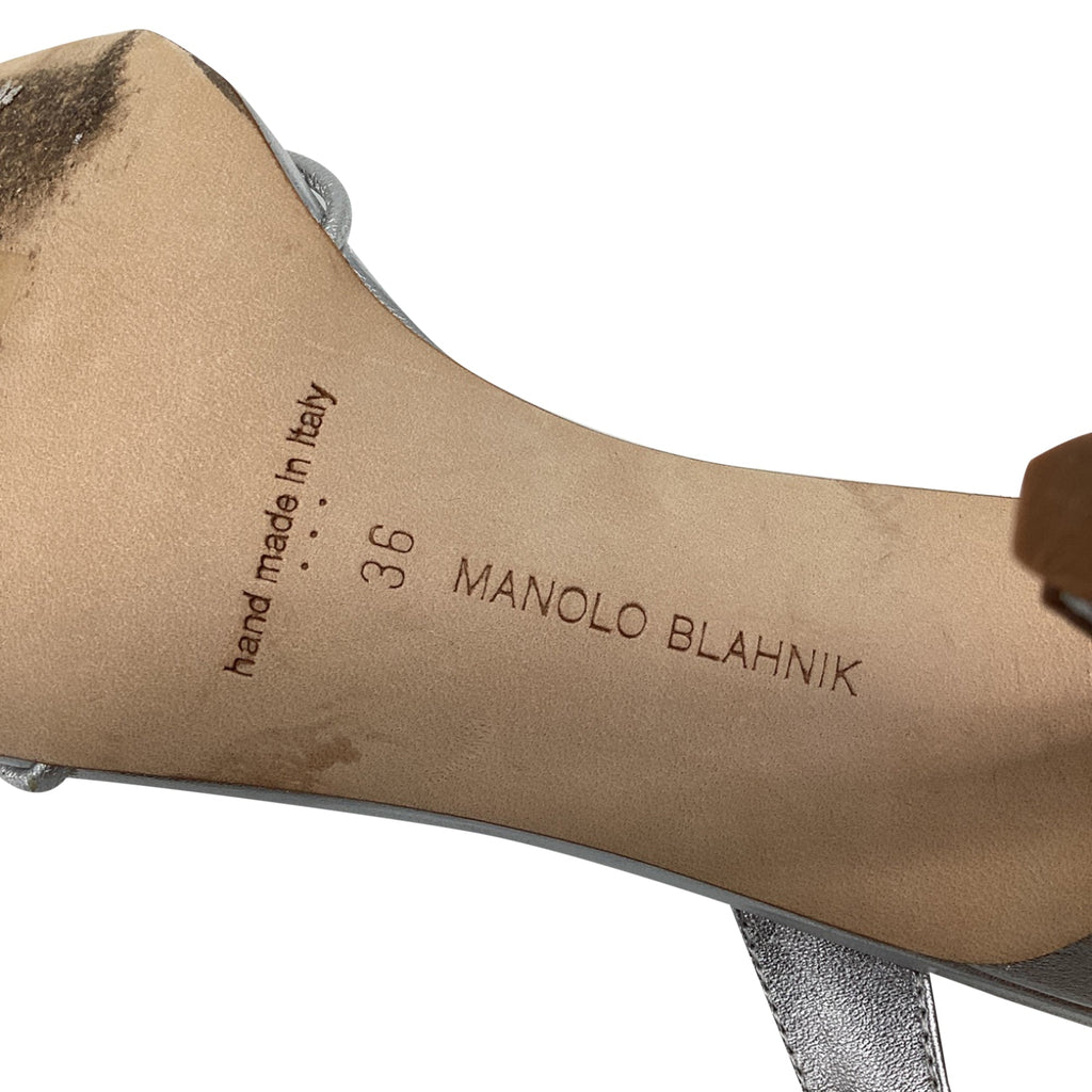 Women's Manolo Blahnik Sareta Slingback Sandal Heels in Silver Leather