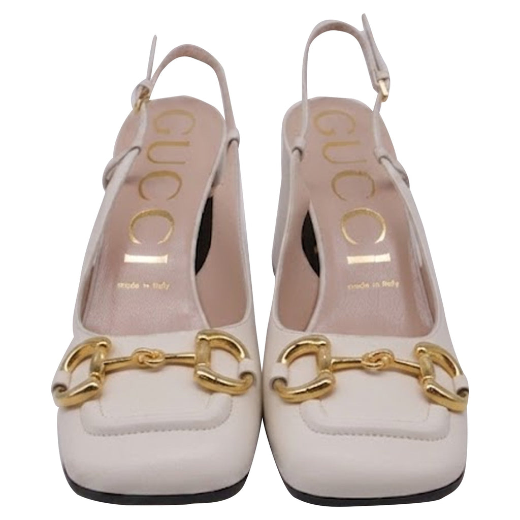 Women's  Gucci Horsebit Slingback Pumps in White Leather