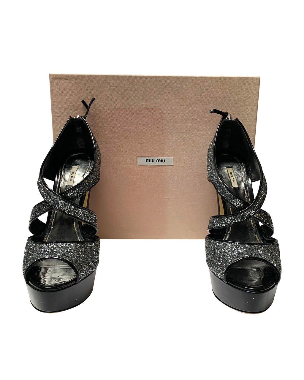 Women's Miu Miu Glitter Embellished Platform Sandals in Black Patent Leather