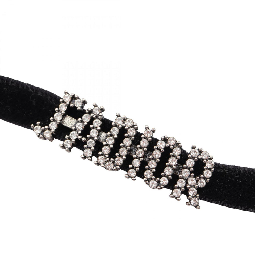Choker Necklace Leather and Metal With Rhinestones Black Silver Clear