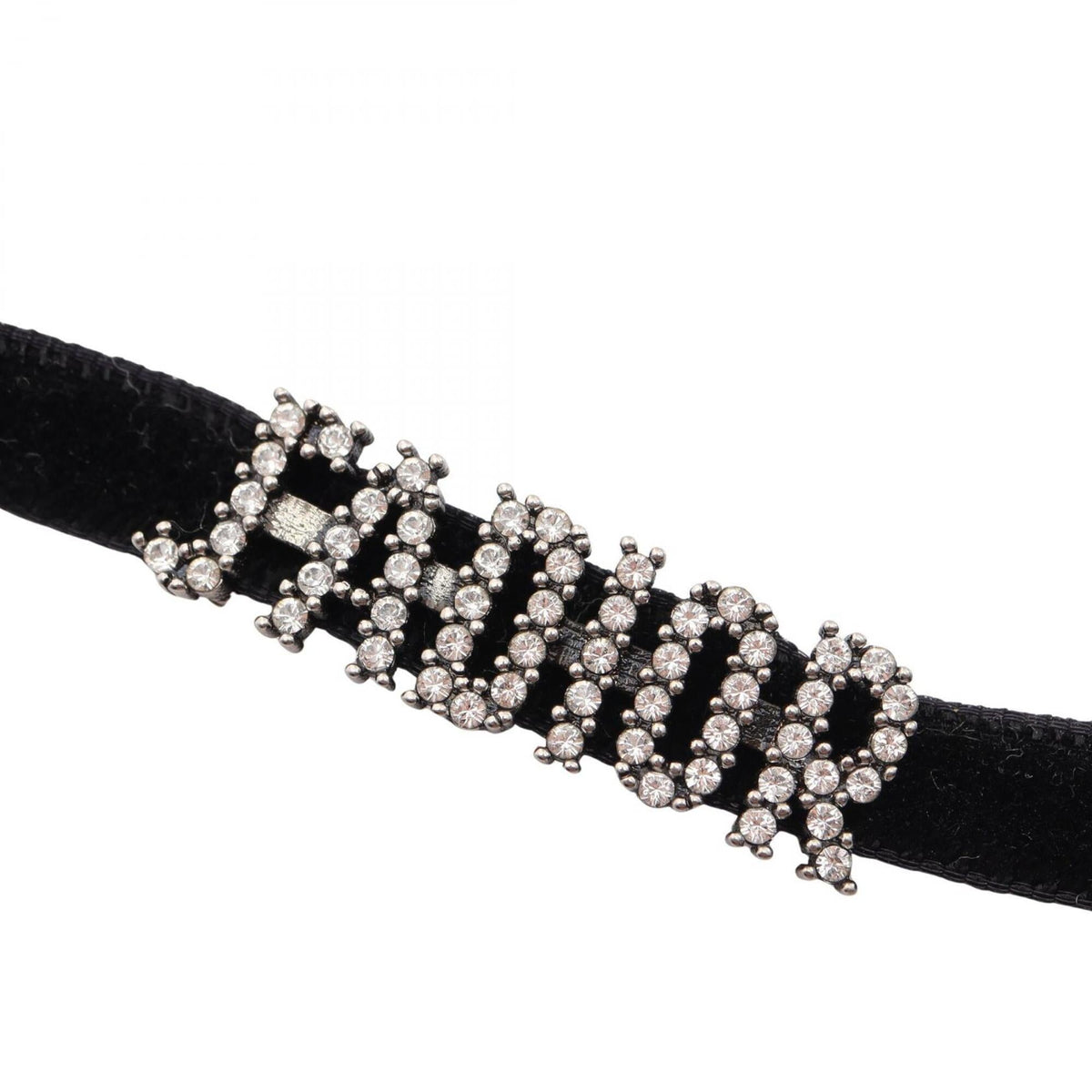 Choker Necklace Leather and Metal With Rhinestones Black Silver Clear