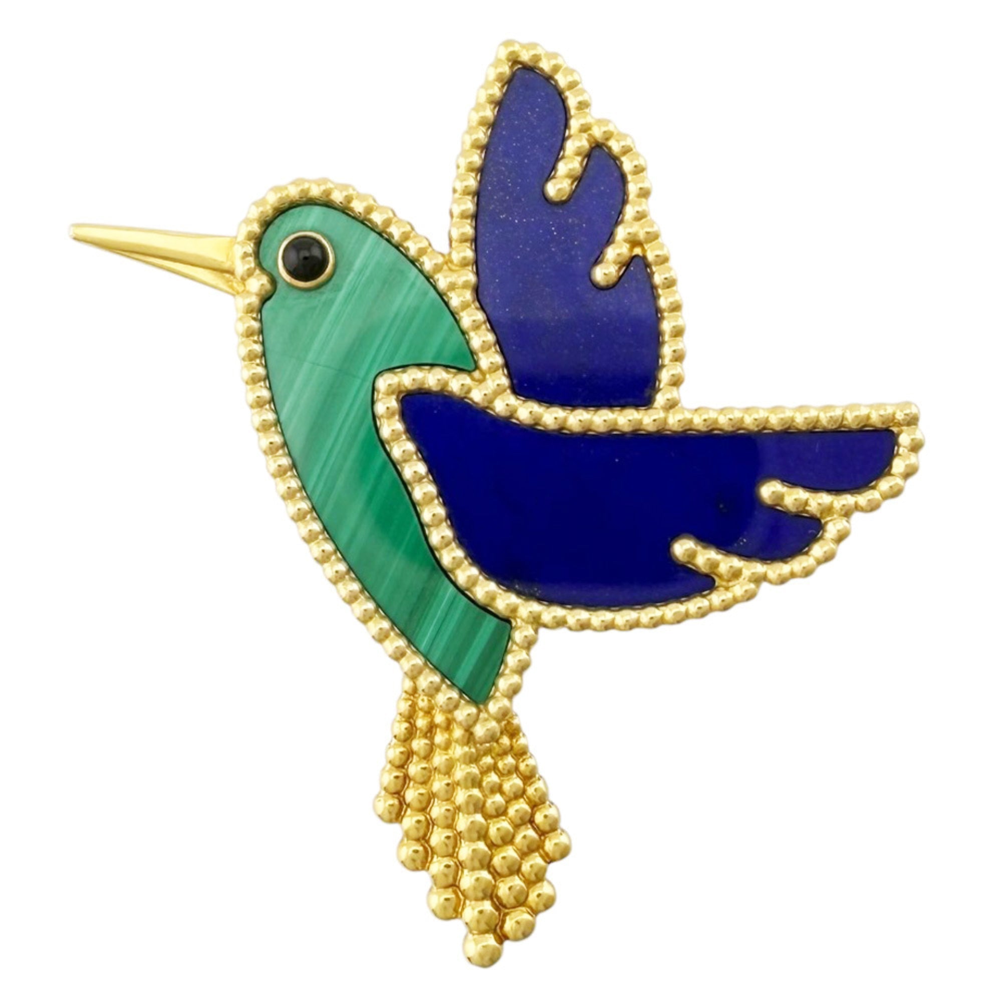 Lucky Animals Colibri Brooch 18K Yellow Gold with Malachite Lapis Lazuli and Onyx