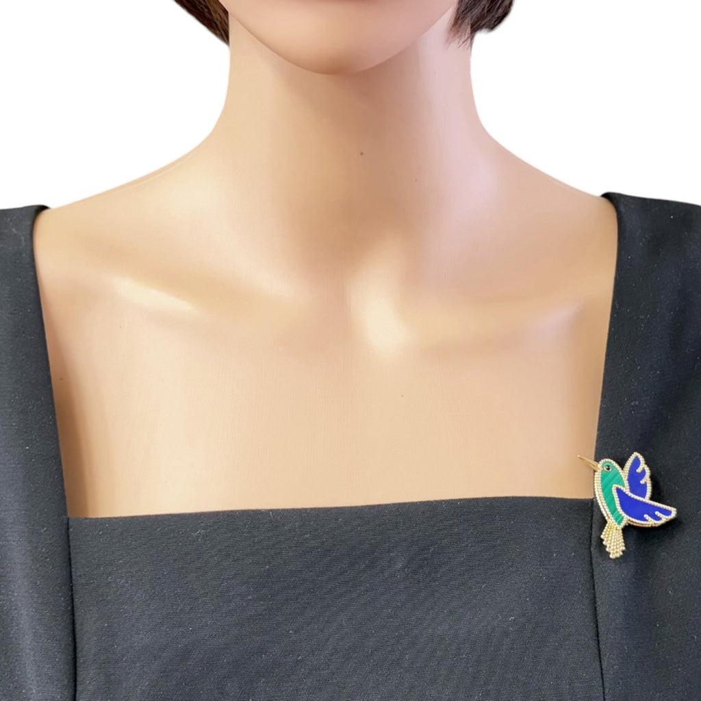 Lucky Animals Colibri Brooch 18K Yellow Gold with Malachite Lapis Lazuli and Onyx
