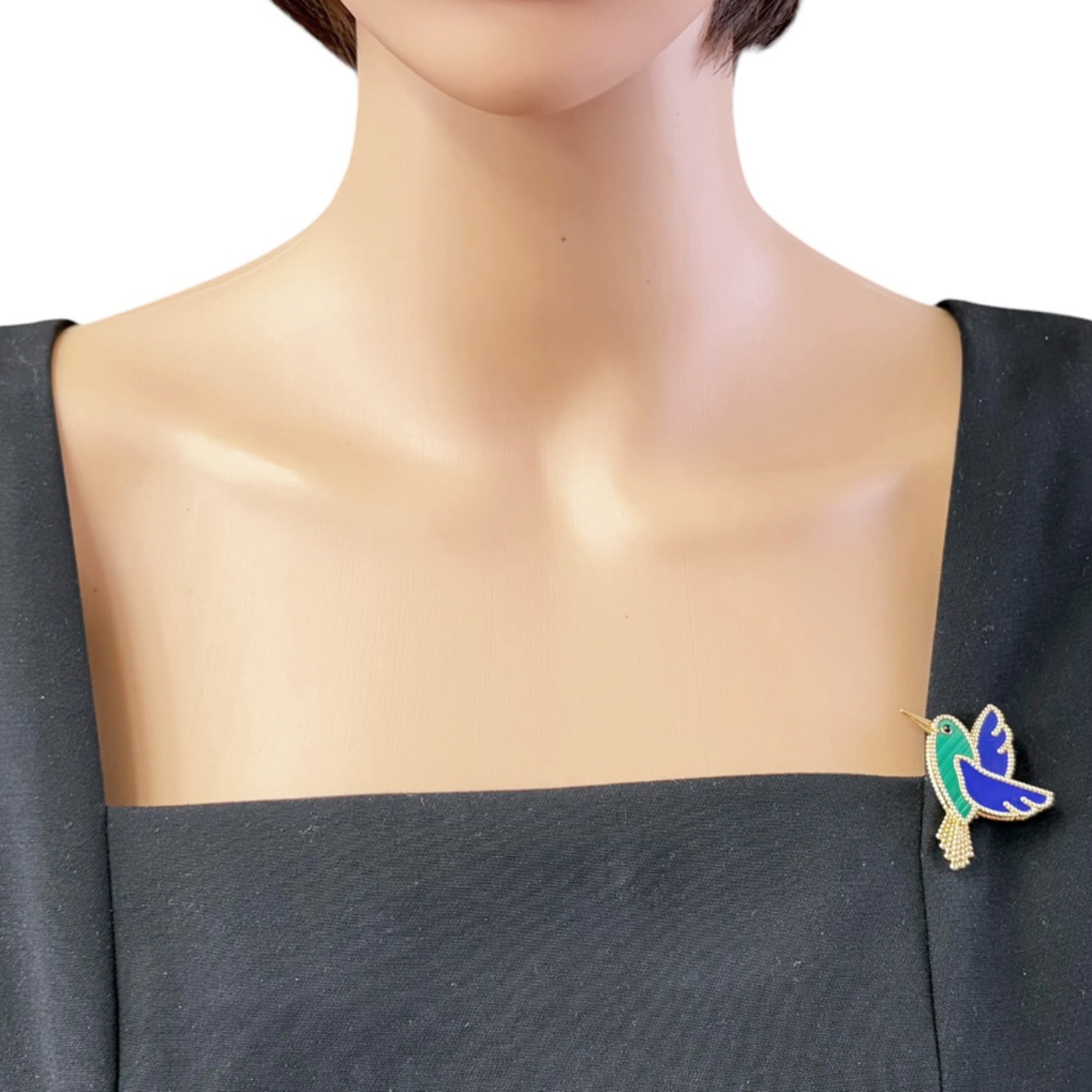 Lucky Animals Colibri Brooch 18K Yellow Gold with Malachite Lapis Lazuli and Onyx
