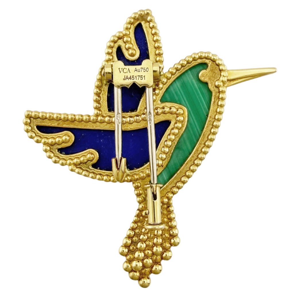 Lucky Animals Colibri Brooch 18K Yellow Gold with Malachite Lapis Lazuli and Onyx