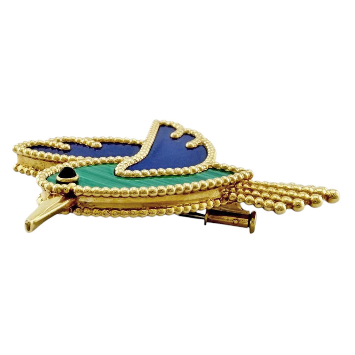 Lucky Animals Colibri Brooch 18K Yellow Gold with Malachite Lapis Lazuli and Onyx