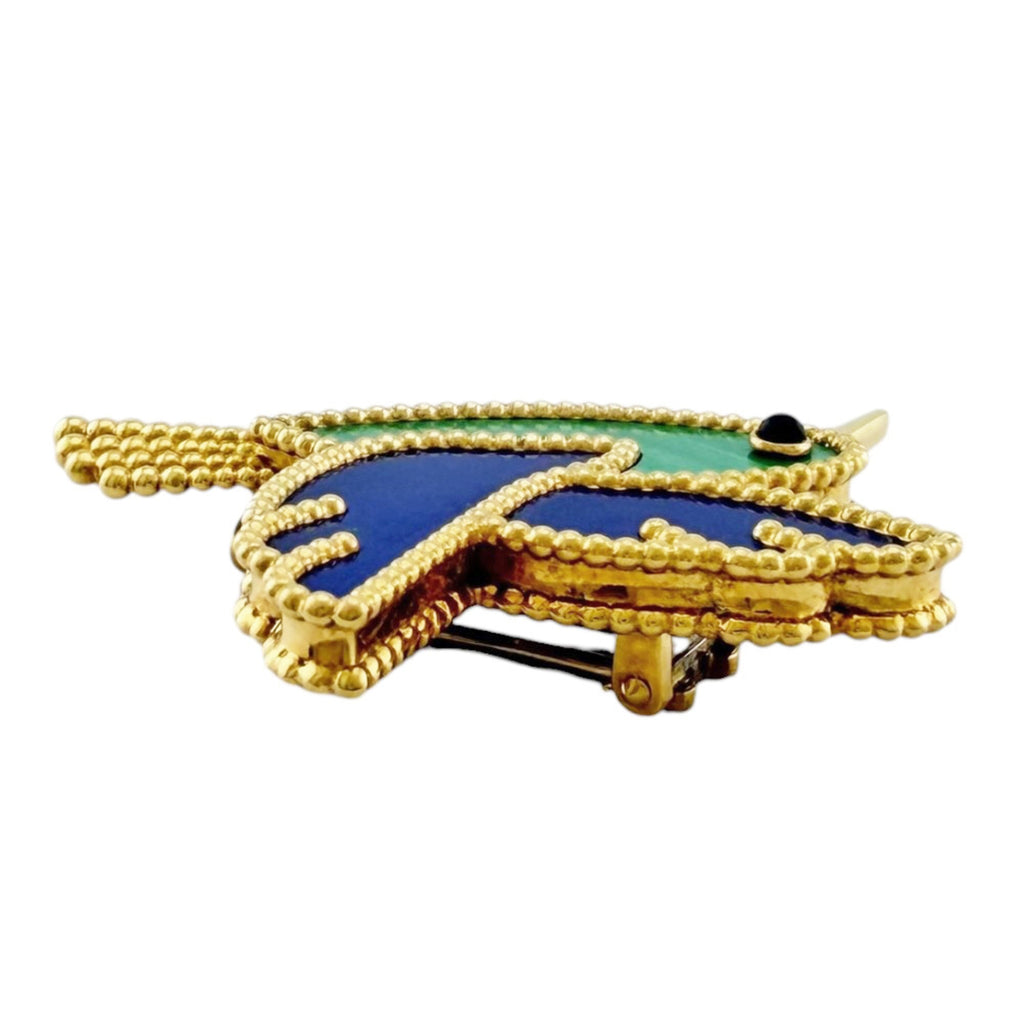 Lucky Animals Colibri Brooch 18K Yellow Gold with Malachite Lapis Lazuli and Onyx
