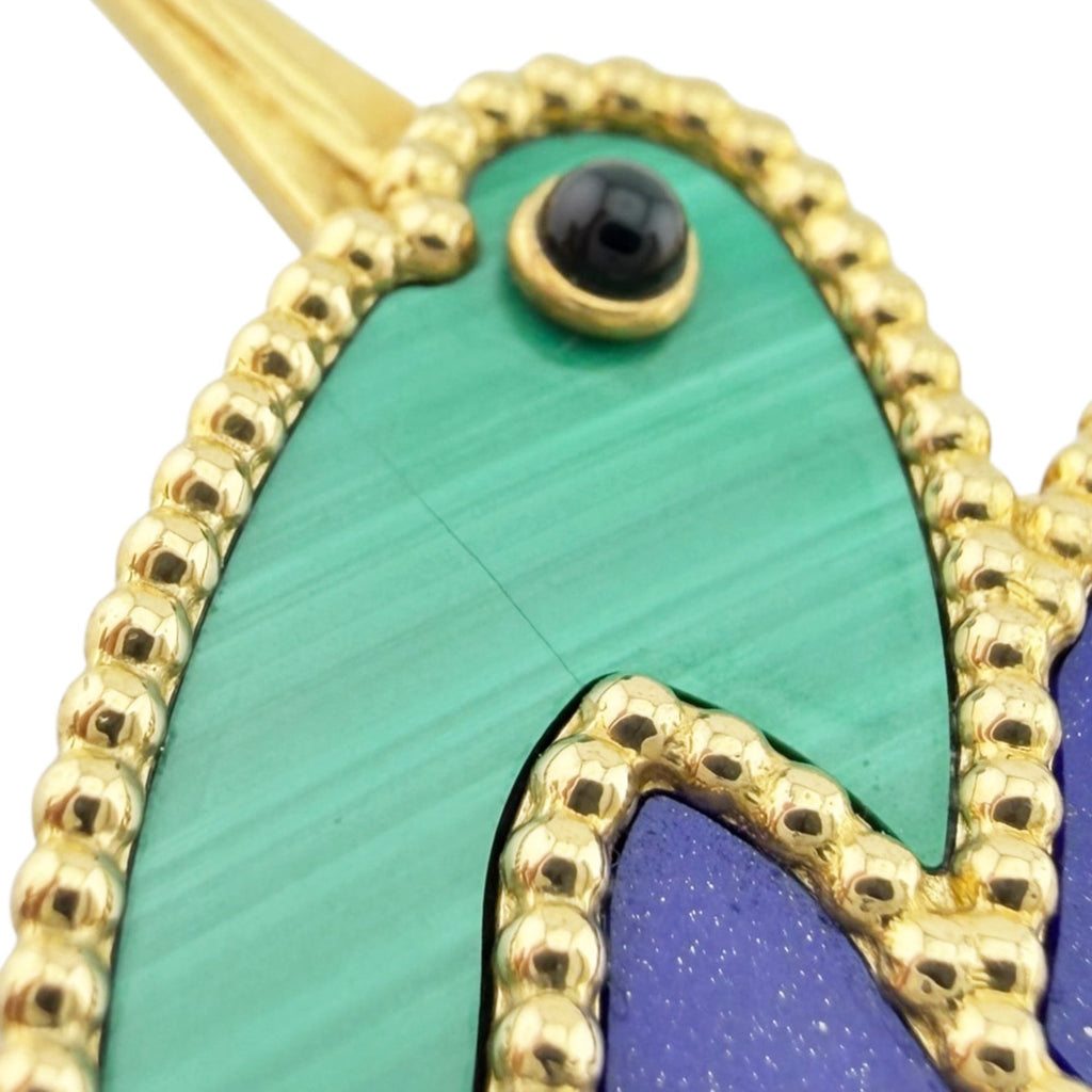 Lucky Animals Colibri Brooch 18K Yellow Gold with Malachite Lapis Lazuli and Onyx
